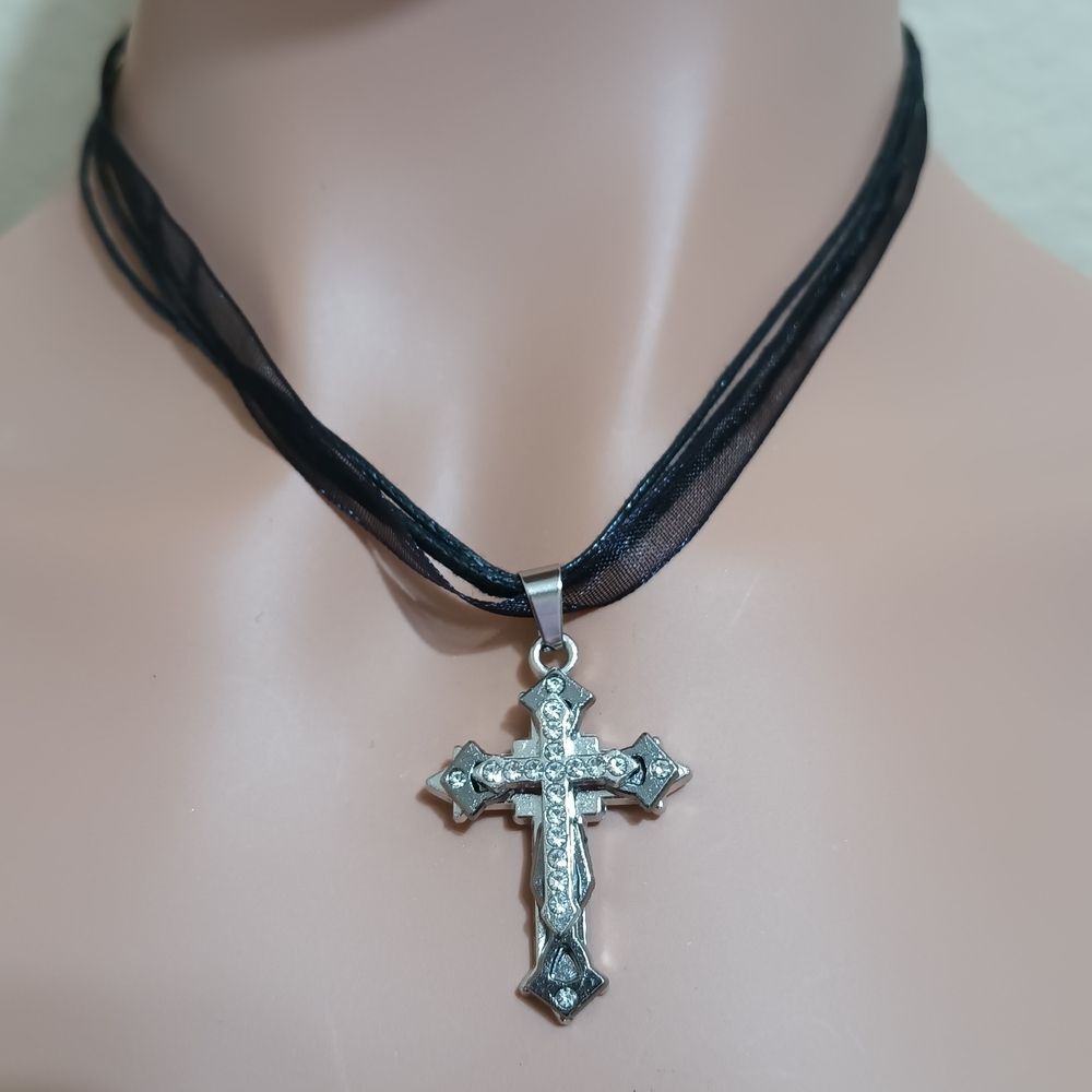 Black Ribbon Silver Rhinestone Cross Necklace - Picture 6 of 6